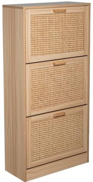 DRW Schuhschrank aus MDF-Holz und natürlichem Rattan, 60 x 24 x 118 cm
