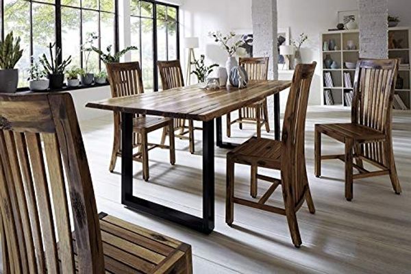 SAM® Stilvoller Esszimmertisch Imker aus Akazie-Holz, Baumkantentisch mit lackierten Beinen aus Roheisen, naturbelassene Optik mit Einer Baumkanten-Tischplatte, 160x90 cm