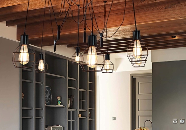 Pendelleuchte HWC-H85, Hängelampe Hängeleuchte, Industrial Metall höhenverstellbar schwarz ~ 7x Gitterlampenschirm Bild 2