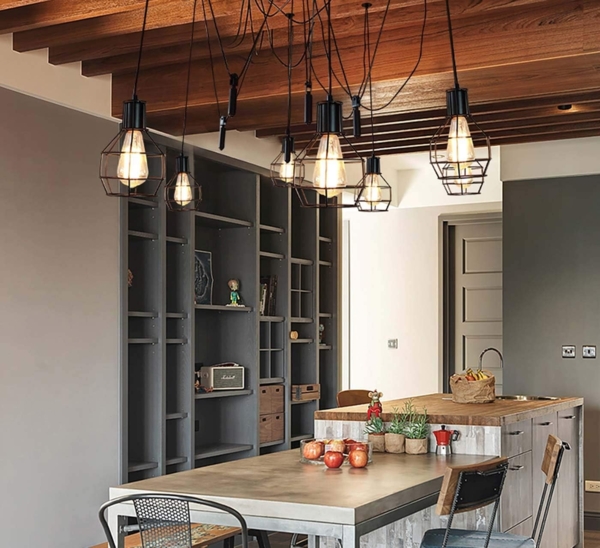 Pendelleuchte HWC-H85, Hängelampe Hängeleuchte, Industrial Metall höhenverstellbar schwarz ~ 7x Gitterlampenschirm Bild 8