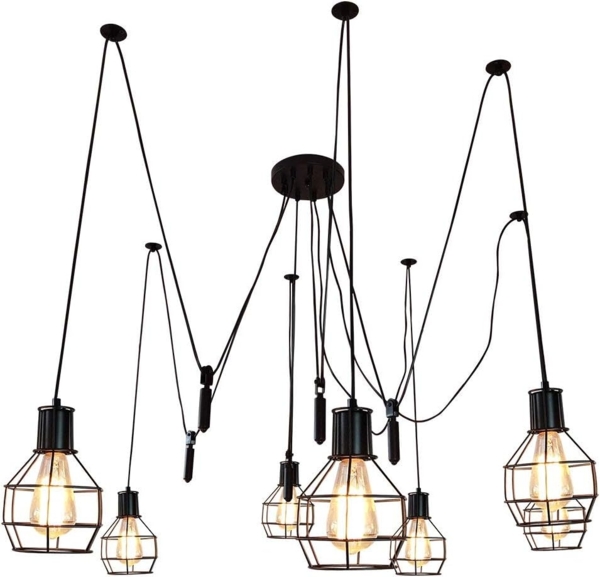 Pendelleuchte HWC-H85, Hängelampe Hängeleuchte, Industrial Metall höhenverstellbar schwarz ~ 7x Gitterlampenschirm Bild 3