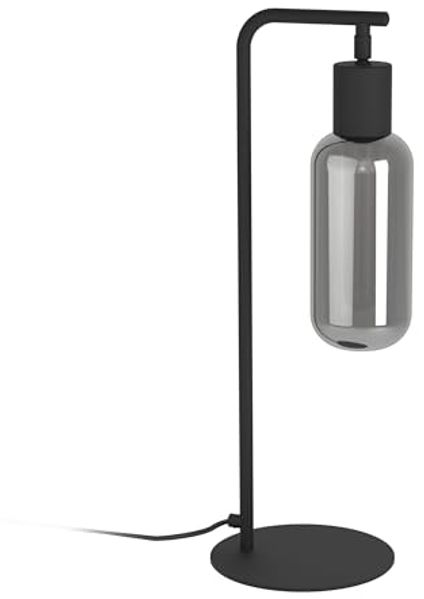 EGLO Tischlampe Maione, Nachttischlampe mit Rauchglas Lampenschirm, Tischleuchte aus Metall in Schwarz und Glas bedampft in