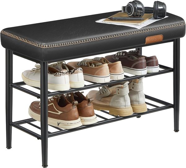 VASAGLE EKHO Kollektion Schuhbank, Sitzbank, Sitztruhe, Eingangsbereich, Kunstleder, Nähte, 60er Jahre Stil, modern, bis 135 kg belastbar, 30 x 80 x 50 cm, tintenschwarz LSB054B01