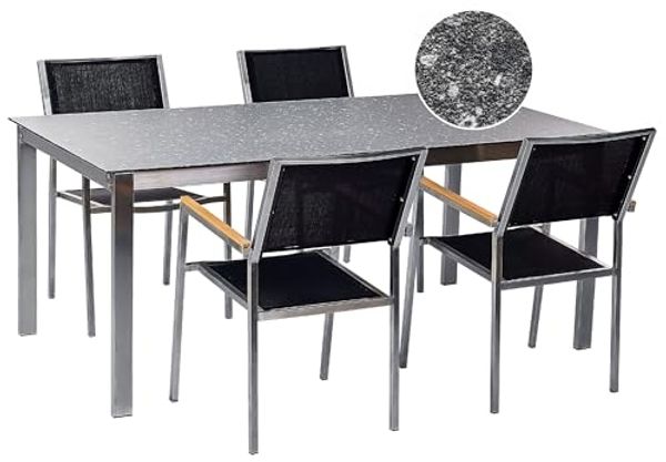 Gartentisch Set COSOLETO GROSSETO Sicherheitsglas Granit Optik 180x90x75 cm Schwarz