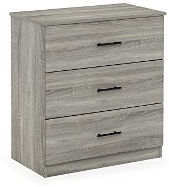 Furinno Tidur Schlichtes Design Kommode mit 3 Schubladen und Griff, Französische Eiche Grau