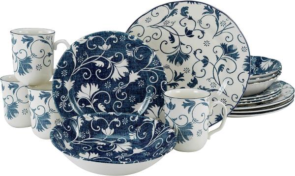 CreaTable 22258 Kombiservice Damask für 4 Personen, Steingut, blau/weiß (1 Set, 16-teilig)