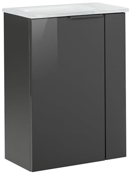 FACKELMANN SBC LUNA Gäste WC Waschtisch Set 45 cm breit, Anthrazit, Waschbecken Glas Weiß, Türanschlag links