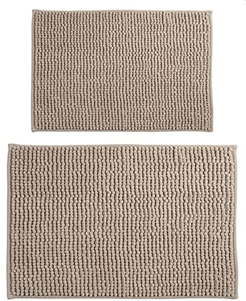 MSV Badteppich 2er Set Badvorleger Duschvorleger Chenille Hochflor Badematte 40x60 cm + 60x90 cm – Taupe