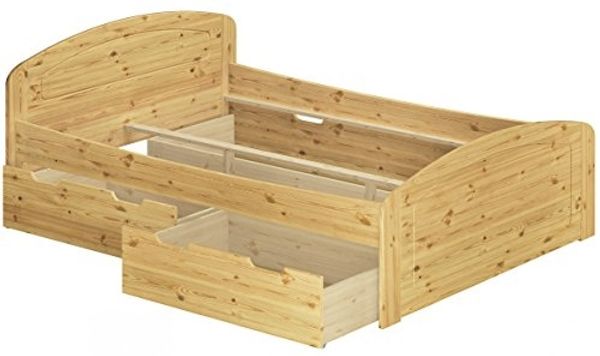 ERST-HOLZ Bett Funktionsbett 180 x 200 Kiefer 3 Bettkästen ohne Rost, Kieferfarblos lackiert
