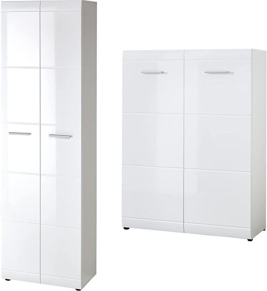 Germania 3577-84 Garderobenschrank mit Hochglanz-Fronten GW-Adana in Weiß, 59 x 197 x 37 cm (BxHxT) & 3524-84 Schuhschrank mit Hochglanz-Fronten GW-Adana in Weiß, 90 x 120 x 36 cm (BxHxT)