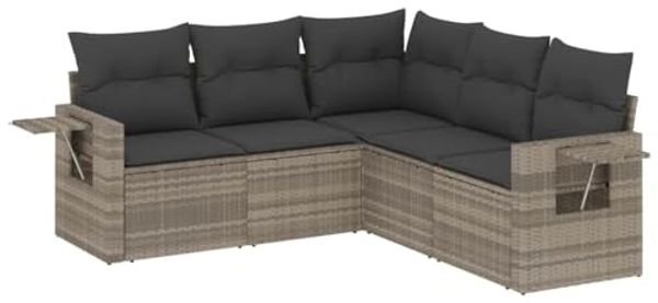 vidaXL 5-tlg. Garten-Sofagarnitur mit Kissen Hellgrau Poly Rattan 3252489