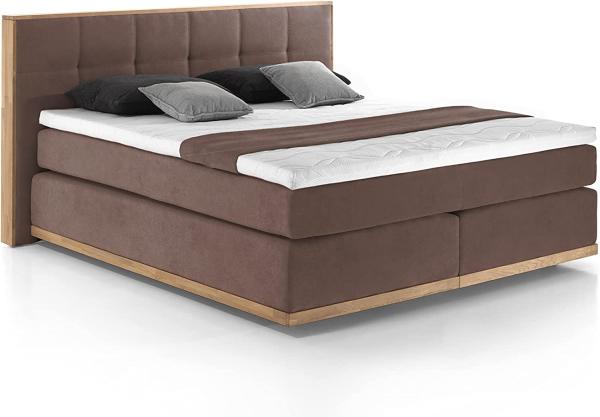 Mivano Levana Boxspringbett mit Sockel aus Eiche, 7-Zonen-Federkern, Matratzen H4 + Topper Premium, Mikrofaser, Braun, Liegefläche 200x200 cm Bild 1