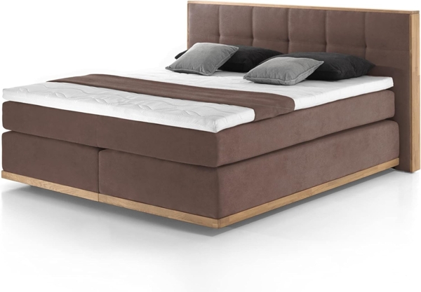 Mivano Levana Boxspringbett mit Sockel aus Eiche, 7-Zonen-Federkern, Matratzen H4 + Topper Premium, Mikrofaser, Braun, Liegefläche 200x200 cm Bild 5