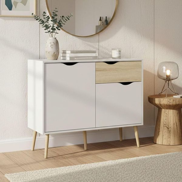 Dmora Sideboard mit zwei Türen und einer Schublade, Weiß und Eiche, Maße 98 x 81 x 39 cm