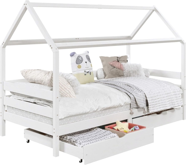 IDIMEX Kinderbett CLIA, Hausbett CLIA Kinderbett Montessori 2 Schubladen 90 x 200 Kiefer massi