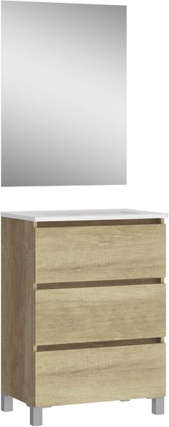 Baikal, Natura Badezimmer-Set mit reduziertem Boden, Keramikwaschbecken, Aufhängung, Verteilung mit Zwei oder DREI Schubladen, Möbel montiert, 60 cm/F36 Nature DREI Schubladen mit Spiegel