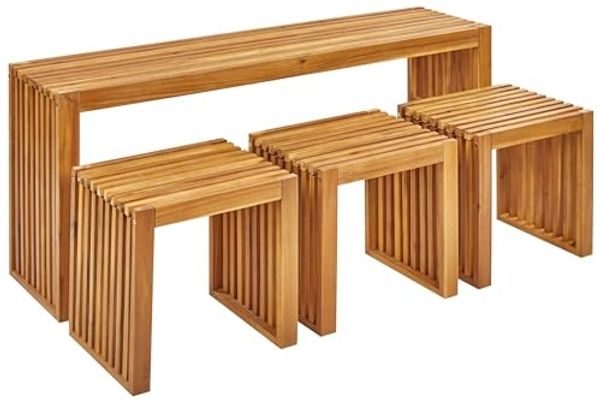 Beliani 'BELLANO' Tisch mit Stühlen, Akazienholz Heller Holzfarbton, 150x35x60 cm