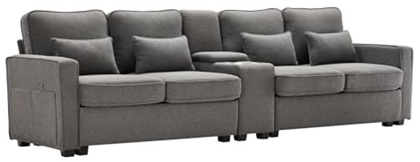 SeedWave Big-Sofa 4-Sitzer Sofa mit Konsole, Big Sofa breite 260 cm, Leinen Recamiere, Gepolstertes Sofa mit USB-Ladeanschluss, Stauraum