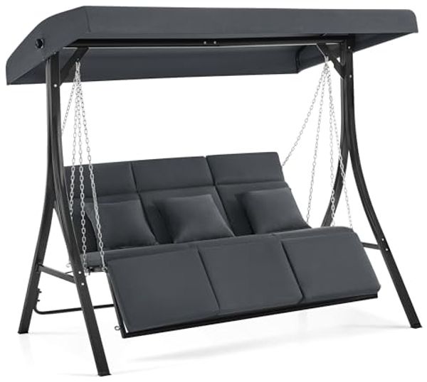 M MCombo Hollywoodschaukel mit Liegefunktion, Gartenschaukel 3 Sitzer Wetterfest, Outdoor Schaukelbank mit Metallketten, Verstellbarem Dach, 123*194*169 cm, 8018 (Dunkgelgrau)