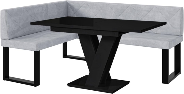 MEBLINI Eckbank für Esszimmer mit ausziehbarem Tisch - Küchenbank - Essecke - Sitzecke Küche - ERIC - U-Beine 128x168x87cm Links - Hellgrau Samt/M Schwarz Hochgl.