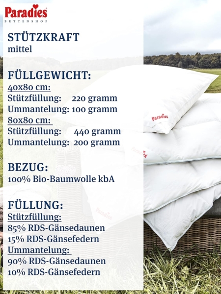 Paradies 3-Kammer-Kopfkissen Abbie Bio, Füllung: Außenkammer: 90% Daunen, 10% Federn Innenkammer: 85% Federn, 15% Daunen, Bezug: 100% Bio-Baumwolle, Seitenschläfer, Rückenschläfer, Bauchschläfer, Drei Kammer Kissen in 40x80, 80x80, mittlere Stützkraft ... Bild 3