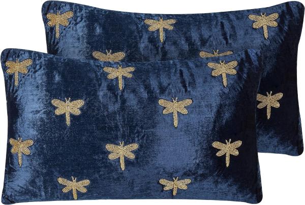 Kissen 2er Set BLUESTEM Samtstoff 30 x 50 cm Tiermuster Stickerei Marineblau