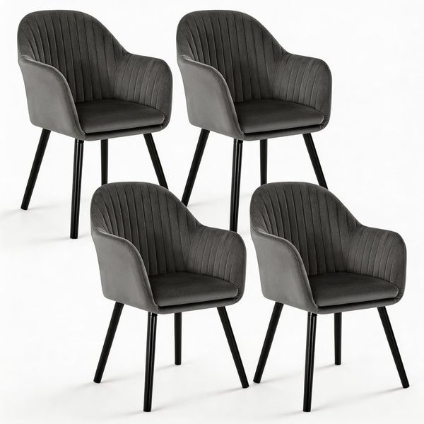 WOLTU 4er Set Esszimmerstühle Küchenstuhl Wohnzimmerstuhl Polsterstuhl Design Stuhl mit Armlehne Samt Massivholz Schwarze Beine Dunkelgrau BH259dgr-4