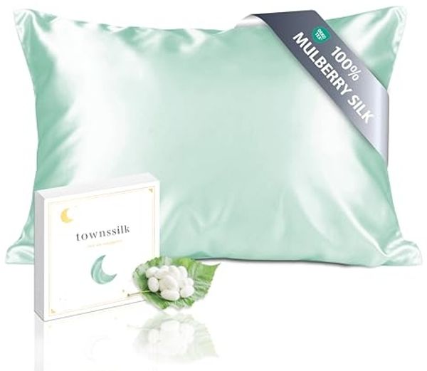 townssilk Kissenbezug Seide 100% 19mm Pure Maulbeerseide,Beidseitig Seide,für Haar Haut Gesundheit,kopfkissenbezug Seide,verstecktem Reißverschluss 600 Fadenzahl,1Stück,40x60 cm,LightGreen