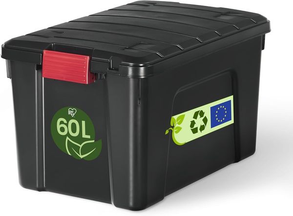 Iris Ohyama, Große Kunststoff-Aufbewahrungsbox, 60L, Garagen-box, Schwarz, Stapelbar, Robuste Schnappverschlüsse mit Griffen, SIA-60