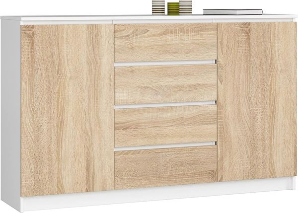AKORD Kommode K 160 cm | 4 Schubladen und 2 Türen | für Wohnzimmer Schlafzimmer Schrank Wohnzimmer | Modernes Funktionelles Design | 16mm laminierte Platte | Farbe Weiß/Sonoma