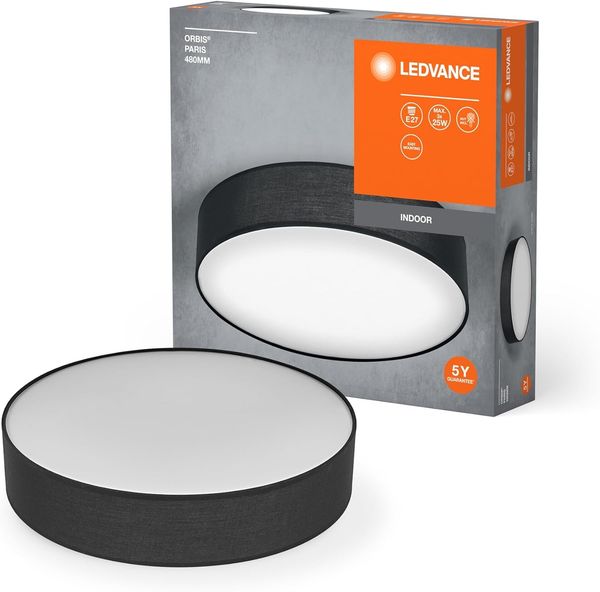 Ledvance ORBIS PARIS Deckenleuchte 480mm, schwarz, 3XE27-Sockel, kann mit smarter Lampe bestückt werden, modernes Design, mit Stoffschirm, geeignet für Innenräume, rund, IP20 Schutzklasse