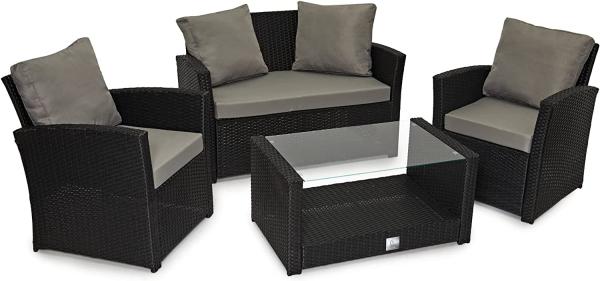 SVITA ROMA Polyrattan Lounge Rattan Garten Möbel Set Essgruppe mit Tisch Schwarz