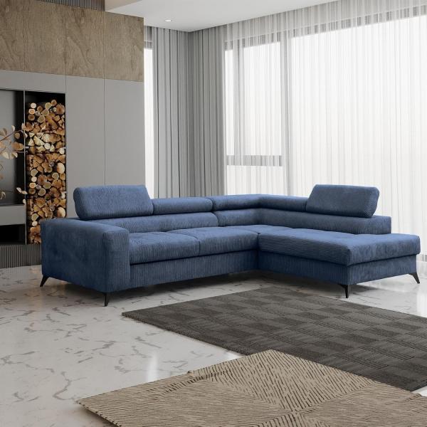 Ecksofa Schlafsofa AMADEO Stoff Anafi Blau Ottomane Rechts