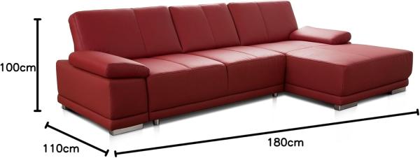 CAVADORE Ecksofa Corianne / Ledercouch inkl. Armteilverstellung und Longchair / 282 x 80 x 162 / Echtleder, rot Bild 8