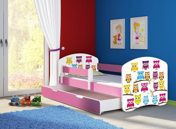 Kinderbett Jugendbett mit einer Schublade und Matratze Rausfallschutz Rosa 70x140 80x160 80x180 ACMA II (31 Eule, 80x180 cm mit Bettkasten) Bild 2