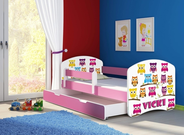 Kinderbett Jugendbett mit einer Schublade und Matratze Rausfallschutz Rosa 70x140 80x160 80x180 ACMA II (31 Eule, 80x180 cm mit Bettkasten) Bild 4