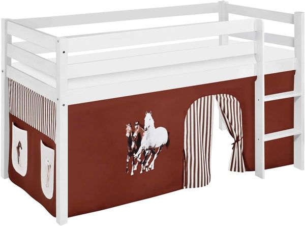 Lilokids 'Jelle' Spielbett 90x200 cm, Pferde Braun Beige, Kiefer massiv, mit Vorhang