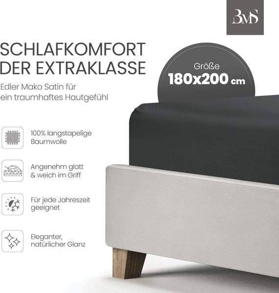 Bettwaesche-mit-Stil Mako-Satin Spannbettlaken anthrazit 180x200cm Höhe 31-40cm Bild 2