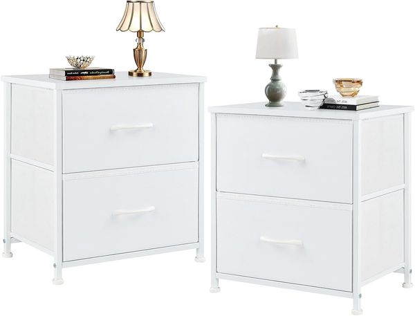 Sweetcrispy Nachttisch 2er Set, Nachttisch Beistelltisch, Stoff Schubladenschrank, Schmal Schrank, Kommode Schlafzimmer, Industrial Stil für Wohnzimmer, Kinderzimmer, Flur Aufbewahrungsschrank, weiß