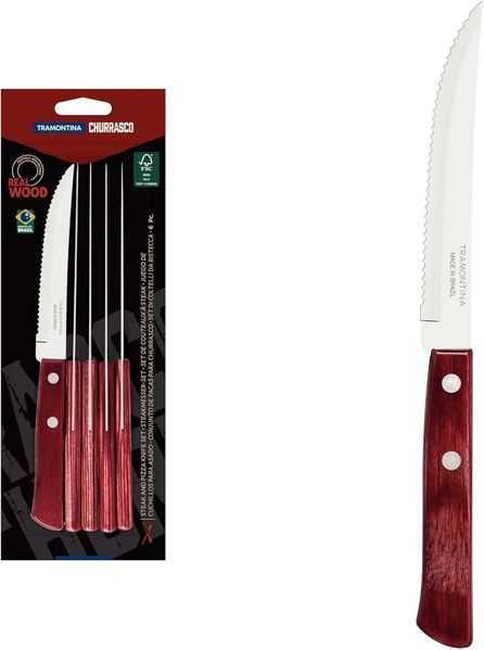 Tramontina Steakmesser Pizzamesser Set, im 6er Set – mit Holzgriff (6 Stück), FSC Holzgriff, rostfreier Edelstahl, Wellenschliff, spülmaschinenfest