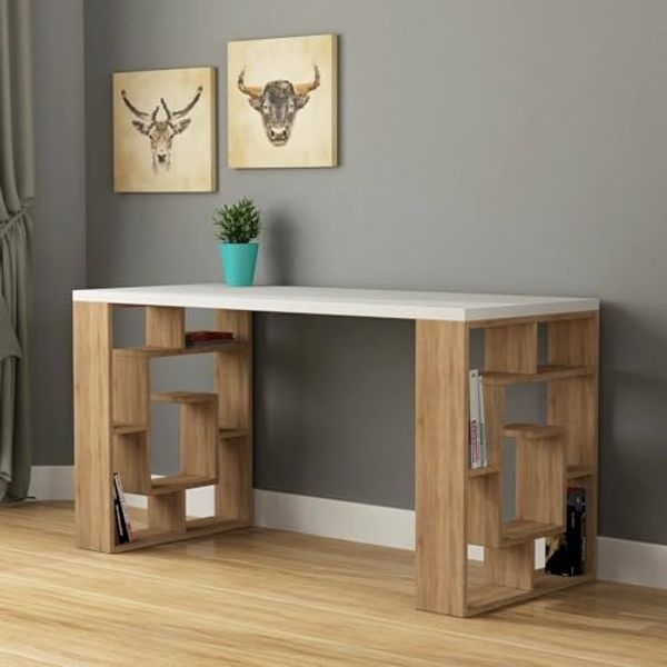 Dmora Schreibtisch Kallisto 140 x 60 x 75h cm Weiß, Gestell Braun