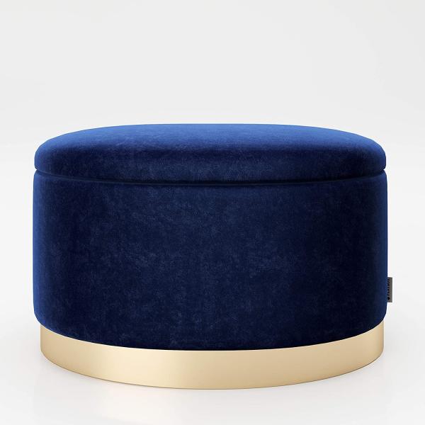 PLAYBOY - ovaler Pouf "ROSANNE" gepolsterter Sitzhocker mit Stauraum, Samtstoff in Blau, goldener Metallfuss, Retro-Design