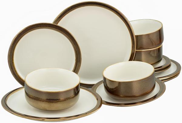 CreaTable 23591 Kombiservice Modern Industrial für 4 Personen, Steinzeug, weiß/gold (1 Set, 12-teilig)