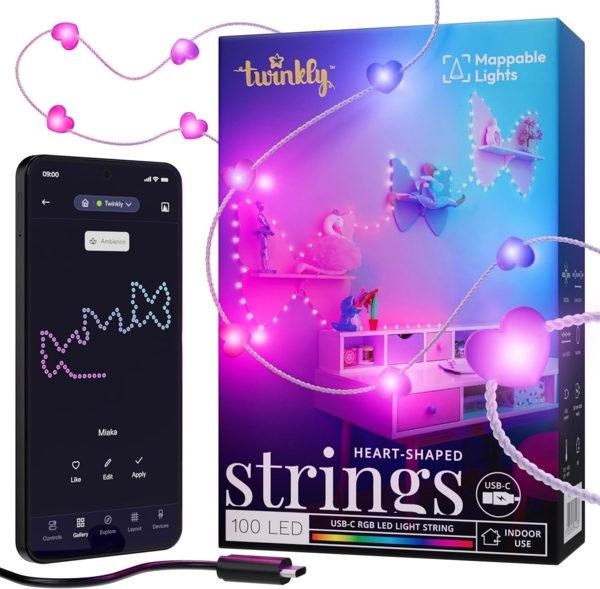 Twinkly Strings USB-C Hearts 100 LED, LED-Lichterkette in Herzform, RGB LED-Lichter Mehrfarbig, Kompatibel mit Alexa und Google Home, Weihnachtsdeko, Stromversorgung USB-C, Transparentes Kabel, 6m