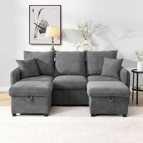 Ball & Cast U-förmiges Couch mit Schlaffunktion, 3-Sitzer Sofa mit 2 Staufußhocker aus Chenille-Bezug für das Wohnzimmer Wohnung Villa, 188 x 86 x 186 (BxHxT), Dunkelgrau