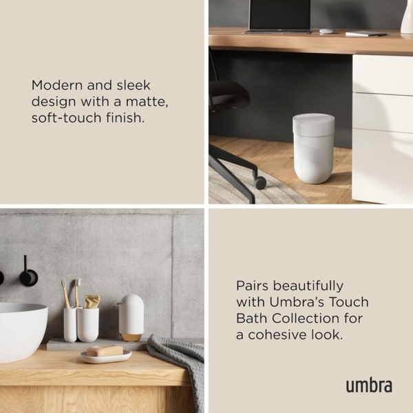 Umbra Bath Touch Mülleimer mit Deckel, Abfalleimer, Müllsammler, Papierkorb, Soft Touch Kunststoff, Weiß, 023269660 Bild 6