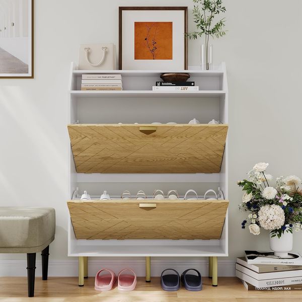 GarveeHome Schmaler Schuhschrank Mit 2 Klappen, Schlanker Freistehender Schuhschrank Für Den Eingangsbereich,Mit Kippschutz-Set, Verdecktes Schuhfach Mit Einlegeboden
