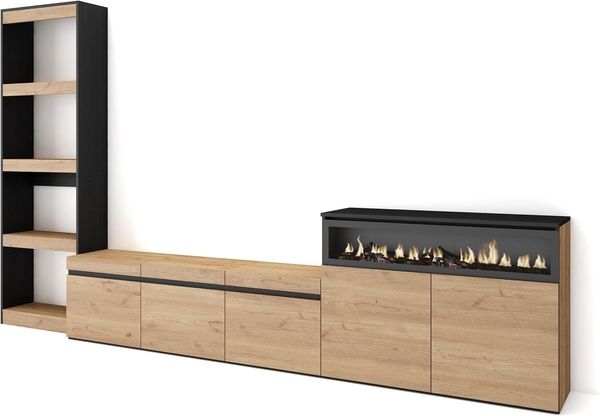 Skraut Home | Wohnwand Wohnzimmer | Wohnzimmermöbel, Möbelset | 310 x 186 x 35 cm | Für TV-Geräte bis zu 65" | Elektrokamin. | Moderner Stil | Eiche Schwarz