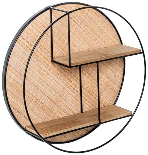 DRW Rundes Wandregal mit 2 Einlegeböden aus Metall, Holz und Weide in Natur und Schwarz, 50 x 13 x 50 cm