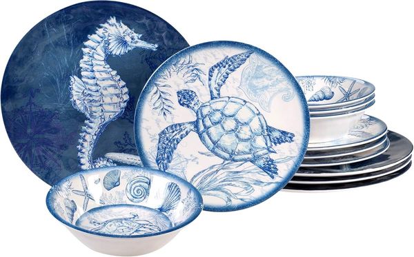 Certified International 89057 Oceanic 12-teiliges Melamin-Geschirr-Set, Service für 4 Personen, Mehrfarbig